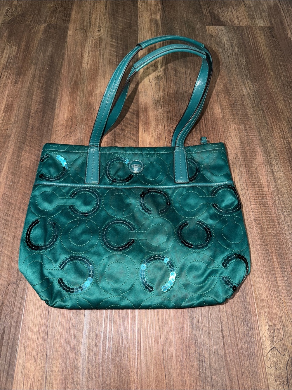 Coach Sequins Signature C Shoulder Bag Tote Purse F25470 Jade / Silver